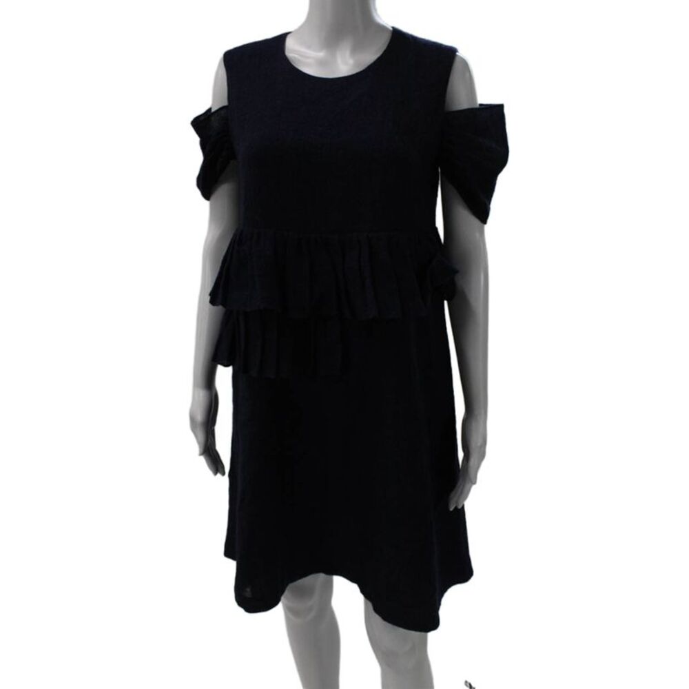 Morgane Le Fay Womens Shift Dress Blue Silk Short Sleeve Round Neck Size S